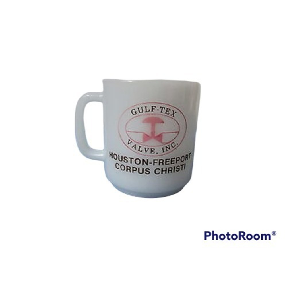 Glasbake white milk glass advertising mug coffee cup Gulf Tex‎ Valve Inc Texas